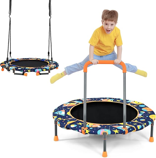 COSTWAY 2 in 1 Trampoline and Swing, Folding Kids Mini Trampolines with Removable Handle, Anti-slip Footpads, Hanging Rope, Tree Nest Swings for 3+ Years Old