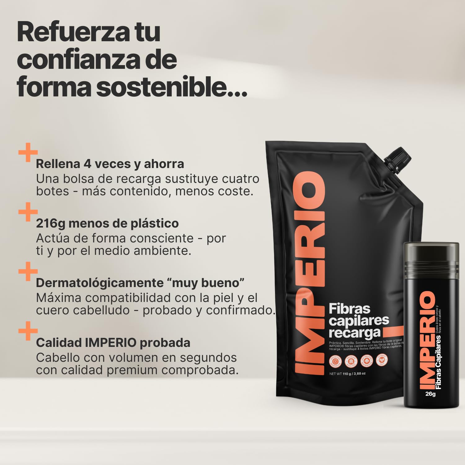IMPERIO Paquete de recarga de pelo disperso, 110 g, con pelo a granel premium, paquete de recarga sostenible con práctico cierre, fácil llenado de la lata de fibras de pelo (marrón oscuro, 110 g)