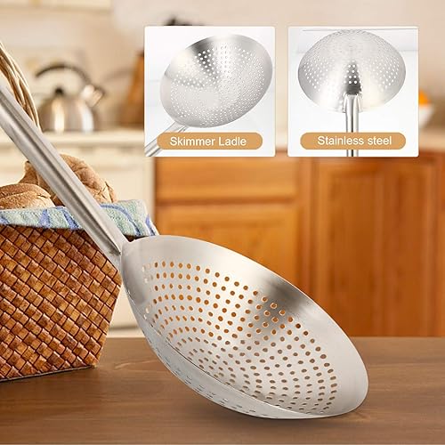 Miniatura 8 de YARDWE Colador de pasta de acero inoxidable, cuchara ranurada, cucharón de malla fina, filtro de aceite de alambre de mandarina, cuchara para cocina