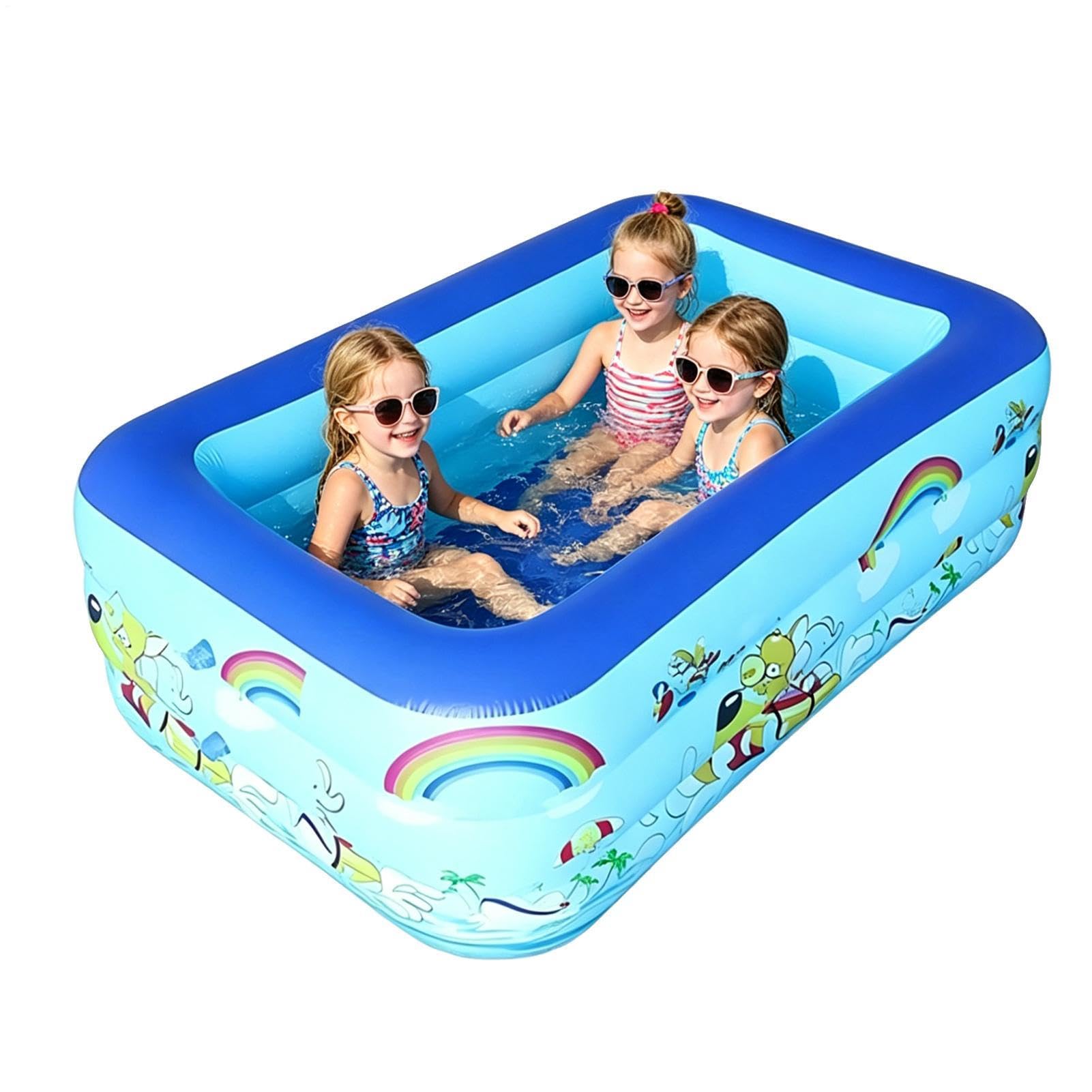 Inflatable Family Swimming Pool, 150x105x55cm Three Layers Large Rectangle Kids Paddling Pool, Paddling Pools With Leakproof Design, PVC Family Garden Pools For Kids & Adults Summer Outdoor