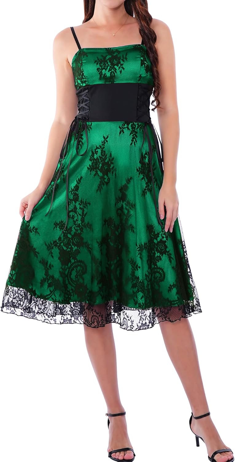 FEOYA Steampunk Gothic Dress for Women Spaghetti Strap Bandage Dresses Vintage Floral Lace Dress Lolita Halloween Costumes