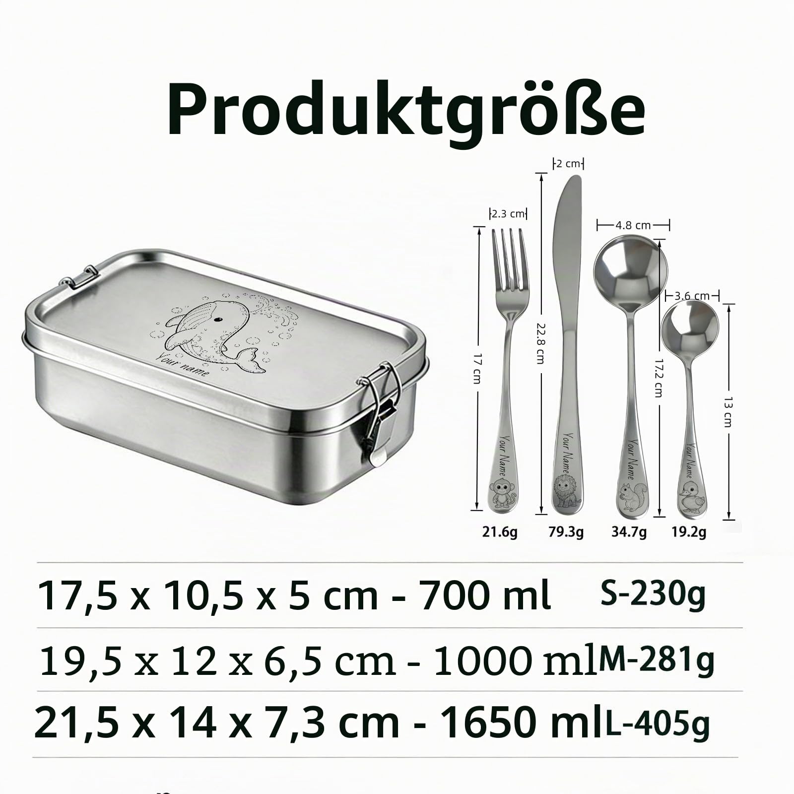 Personalisierte Edelstahl Brotdose Optional Fächern, mit 4-teilig Edelstahl Besteck, 700ml/1000ml/1650ml, Laserdruck mit Namen/Foto, Auslaufsichere Lunchbox für Kinder & Erwachsene, Bento Box(1650ML)