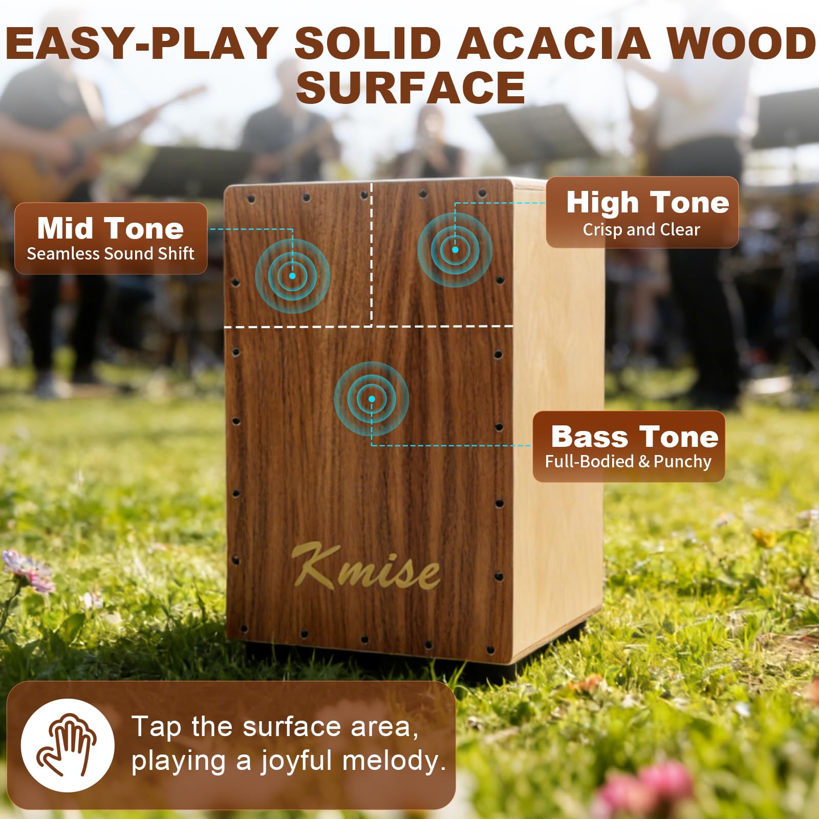 Kmise Tragbare Cajon-Schlagzeugbox, 30 x 30 x 48 cm, verstellbare Snare-Cajon-Trommeln, massives Akazien- und Birkenholz, Percussion-Instrument Geschenk für Erwachsene und Kinder, mit Tragetasche, für