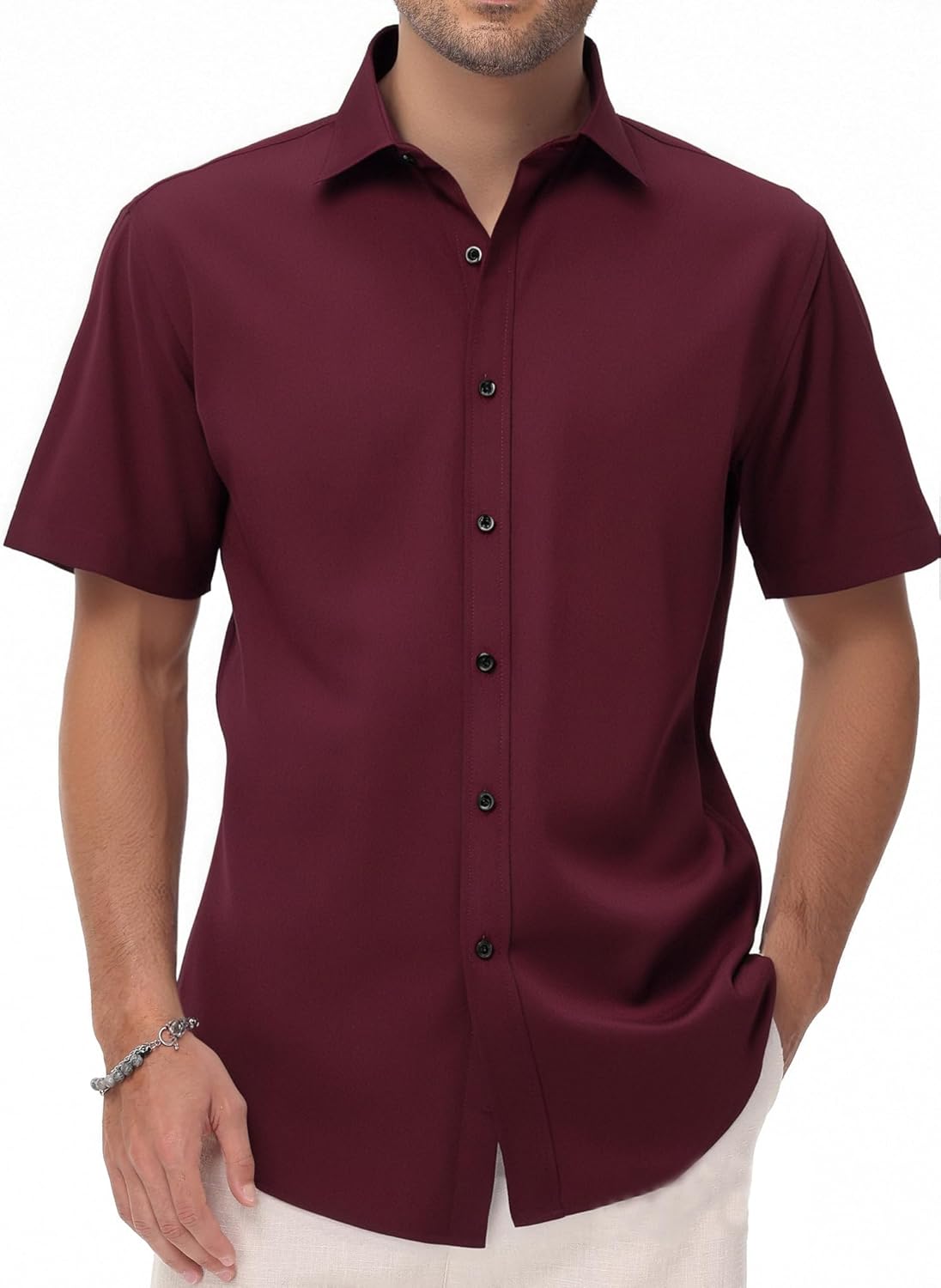 Manwan walk Men's Short Sleeve Casual Button-Down Solid Slim Fit Business Formal Shirts - Image 3