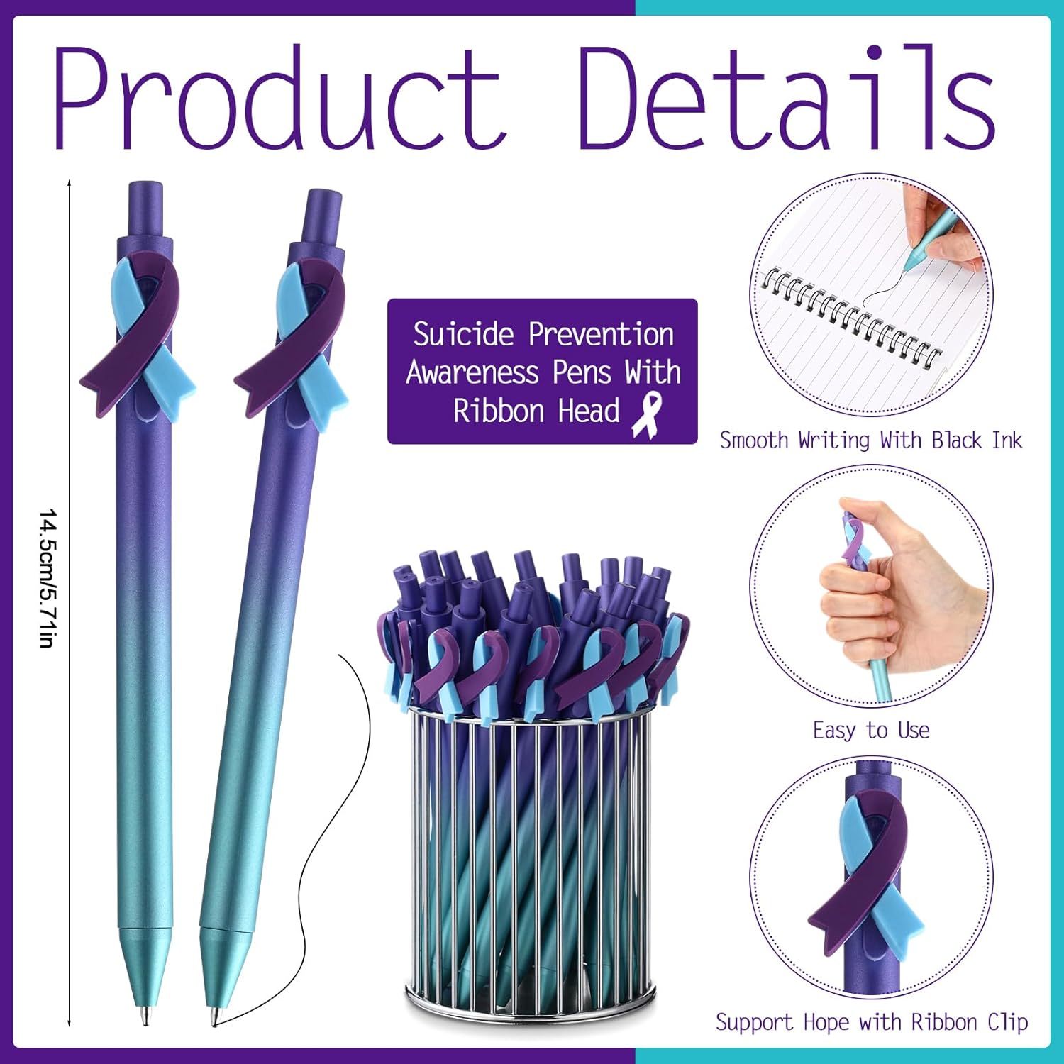 TecUnite 50 Pcs Suicide Prevention Awareness Ribbon Pens Bulk Teal Purple Ribbon Awareness Ballpoint Pens Gradient Color for Charity Volunteers Activity with Inspirational Informations for Men Women