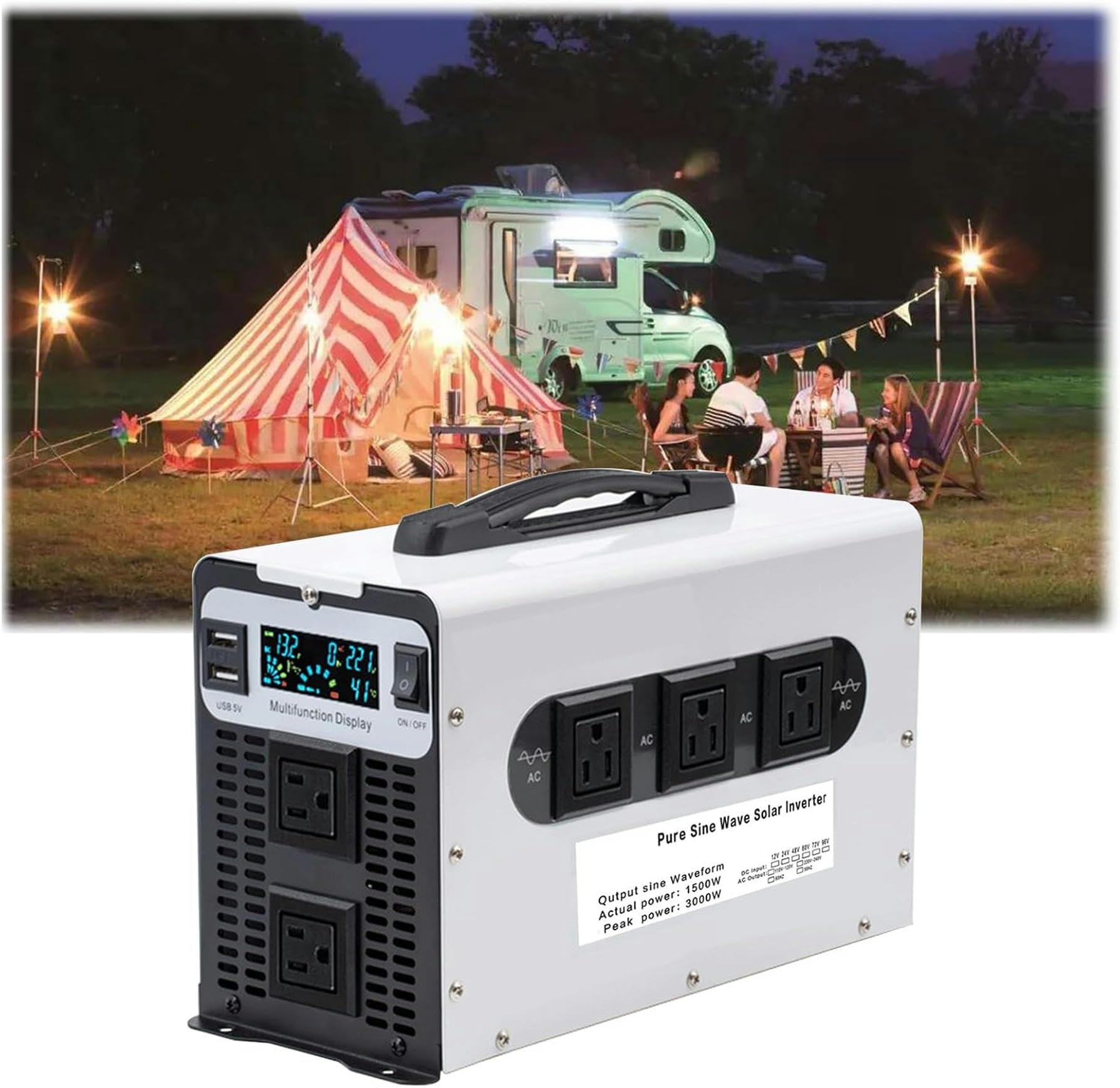1500W/3000W Reine Sinus -Wellenleistung Wechselrichter DC 12 V 24 V 48 V 60 V 72 V Bis 110 V/230 VAC -Wechselrichter Mit 5 Wechselstrom -Steckdosen Und Dual -USB -Ladeanschlüssen