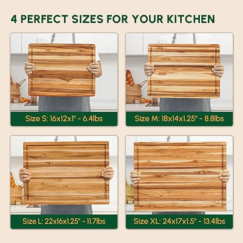 Miniatura 6 de BEEFURNI Tabla de cortar de madera de teca con agarre de mano con ranura para jugo, tablas de cortar de madera extra grandes para cocina, tabla de