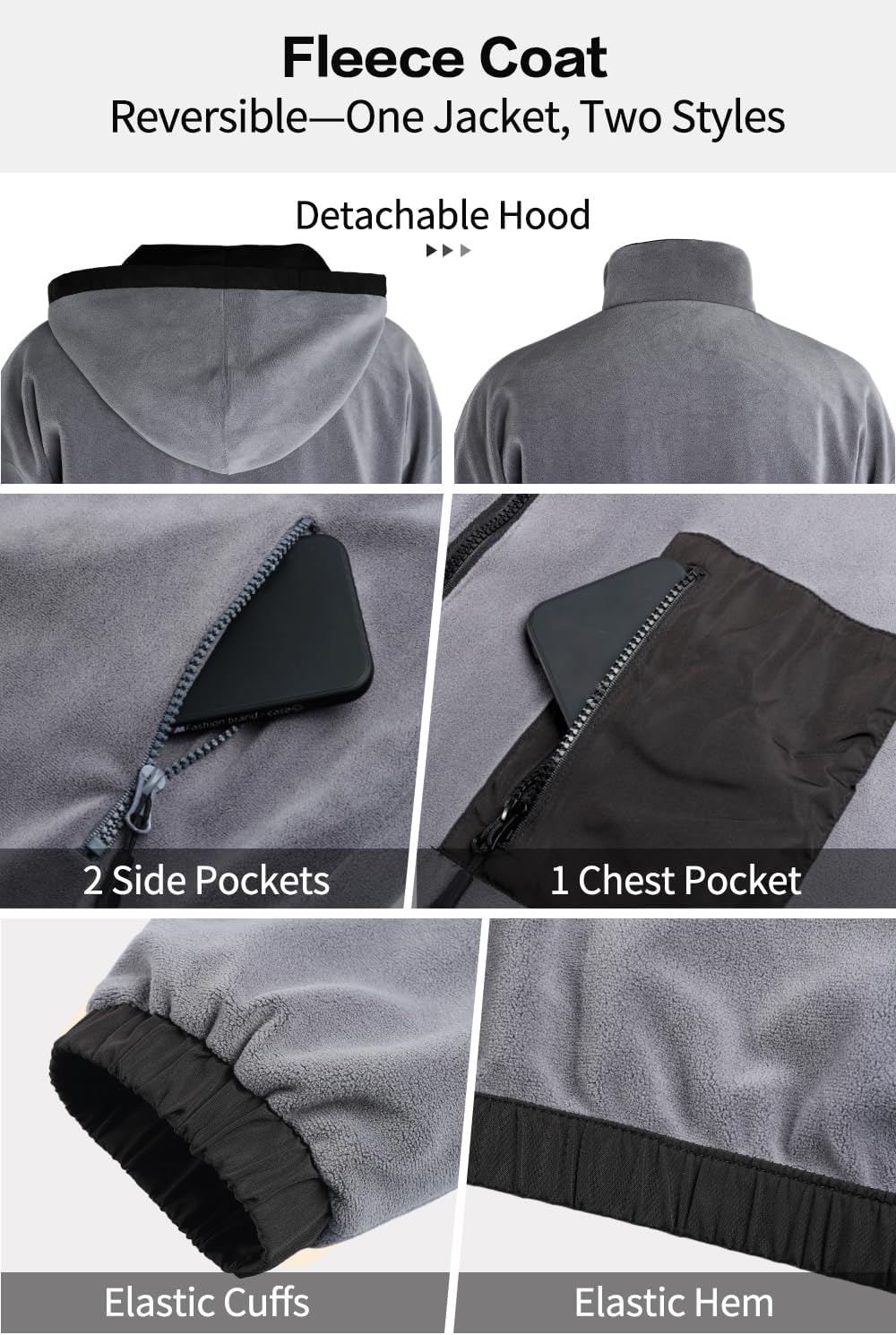 GINGTTO Mens Winter Jacket Softshell Fleece Lind with Detatchable Hood,Reversible Bomber Windbreaker for Men - Image 6