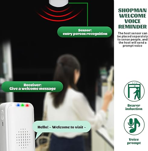 Miniatura 6 de 1 Set Door Sensor Chime, Motion Detector Door Bell for Business Store Entry Alert, Wireless LED Indicators& Vibration Welcome Buzzer Monitor Chime