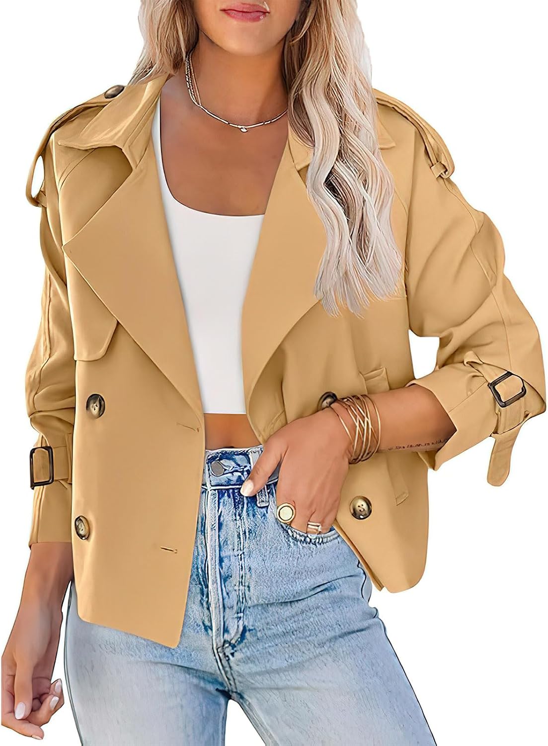 ebossy Women's Double Breasted Short Duster Trench Coat Lapel Loose Windproof Cropped Jacket Coat with Pockets