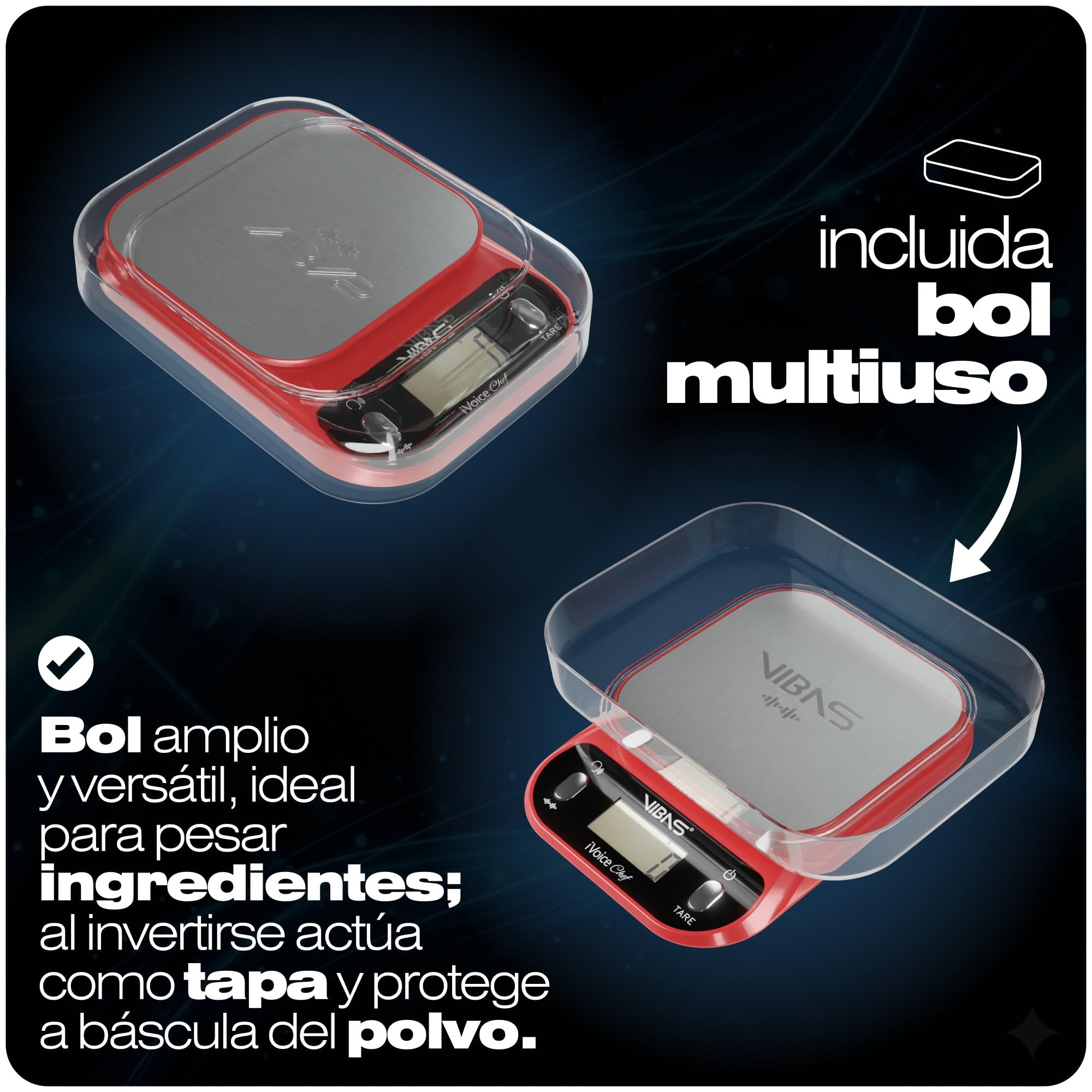 Báscula Parlante VIBAS iVoice Chef con Cuenco, para Mayores y Discapacidad Visual, 5 Idiomas, Señales Sonoras, Repetición del Peso, Volumen Ajustable, Hasta 10 kg, Pilas Incluidas