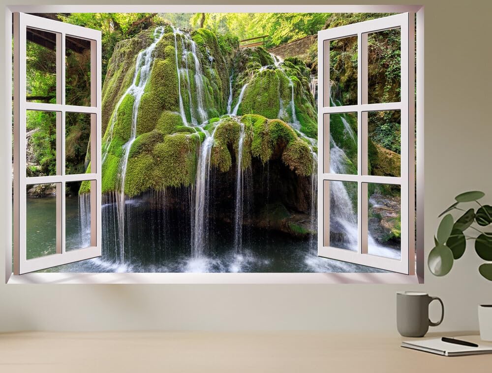 JVERF - JZZC26878 Romania Waterfalls Bigar Waterfall Crag Moss| Self-Adhesive Open Window Wall Sticker