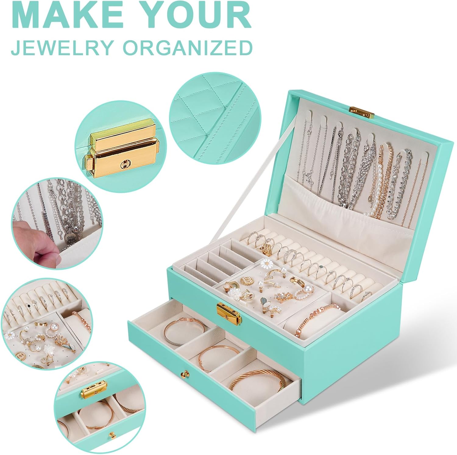 GUOER Jewelry Box for Women Girl Wife - Large PU Leather Jewelry Organizer Storage Case with Two Layers Display for Earrings Bracelets Rings Watches (Teal) - Image 2
