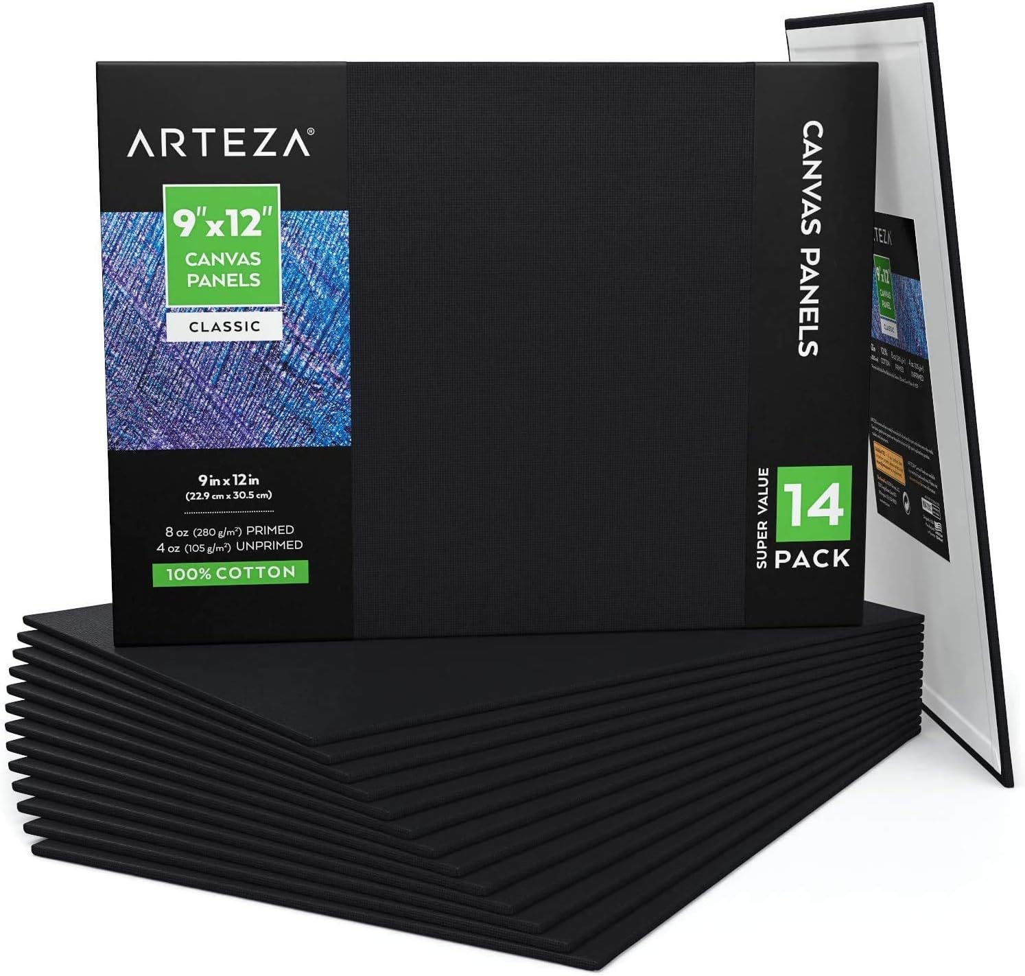ARTEZA Black Canvas Boards for Painting, 9 x 12 Inches, Pack of 14, Blank Canvas Panels for Acrylic, Oil and Gouache Painting