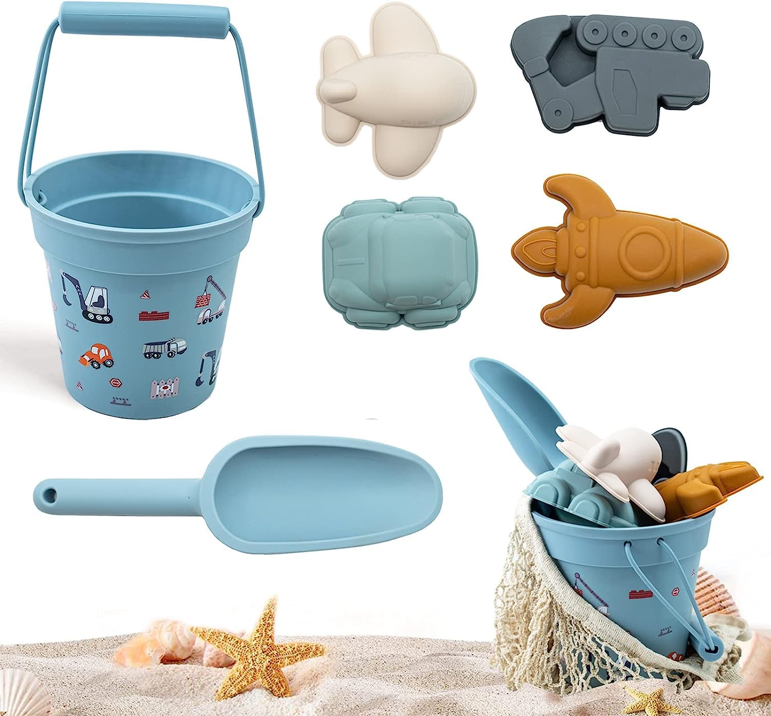NALACAL7PCS Silicone Beach Toy Collection for Toddlers, Sand Bucket Set With Sifters Lid, Eco-Friendly Sandbox Kit for Baby Kids