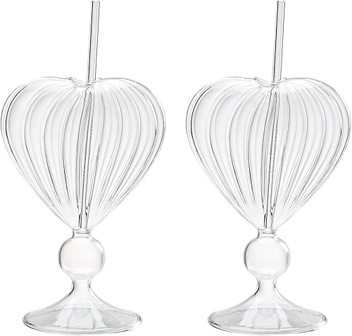 MANMAOHE Juego de 2 copas de cóctel únicas de 8 onzas, copas de vino creativas en forma de corazón con pajilla, vasos románticos para beber vasos de