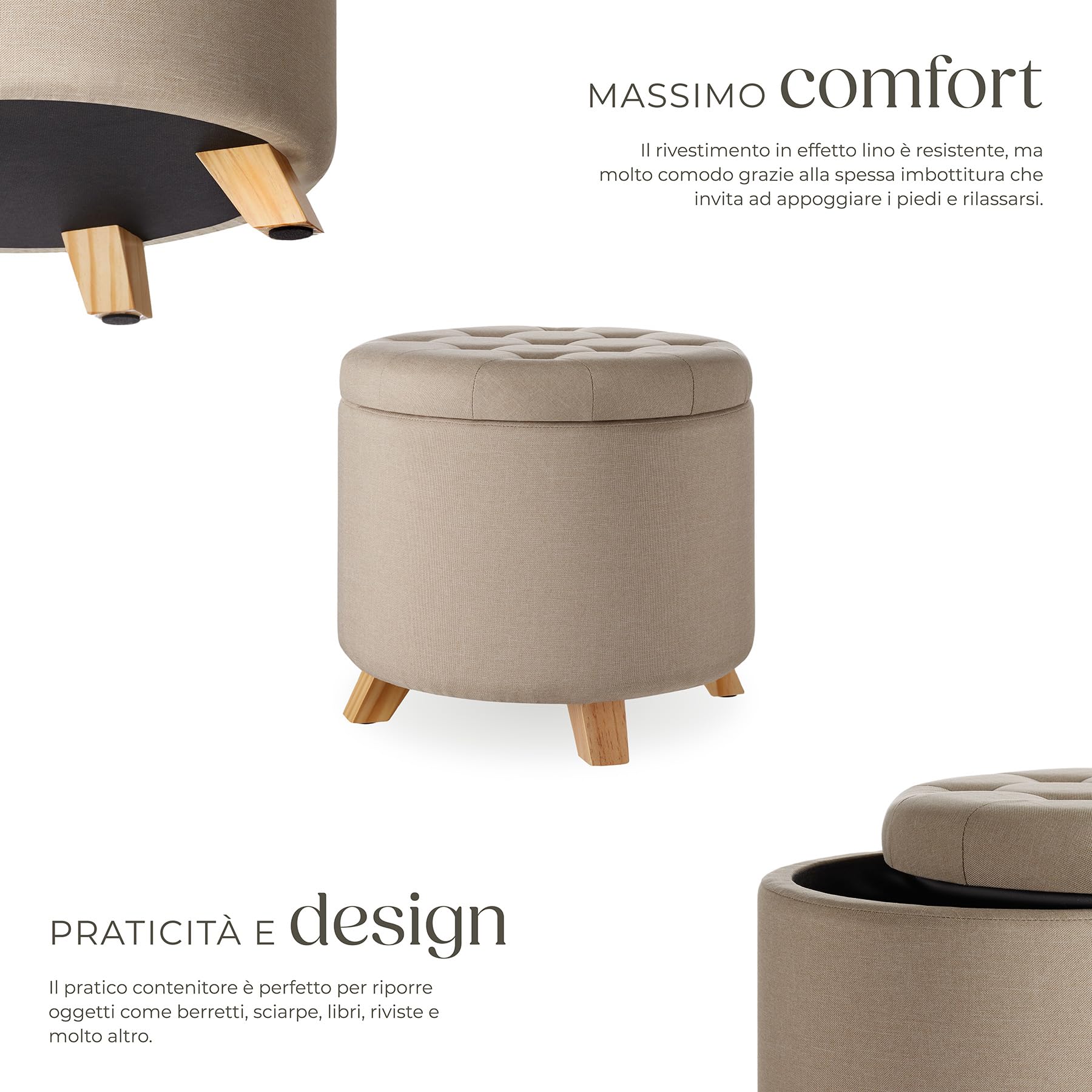 tectake® Sgabello Rotondo in Lino, Pouf Contenitore con Grande Scomparto, Gambe in Legno Massiccio, Capacità di Carico 150 Kg, Ø 44,5 cm, 41,5 cm di Altezza - Sabbia