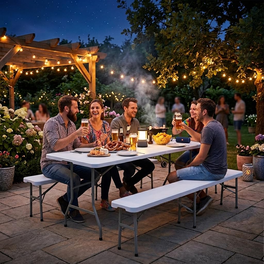 Ensemble Table 2X Banc de Jardin en Plastique Traiteur Pliante Table Buffet Picnic Plateau Camping Pliable avec Poignée en Blanc