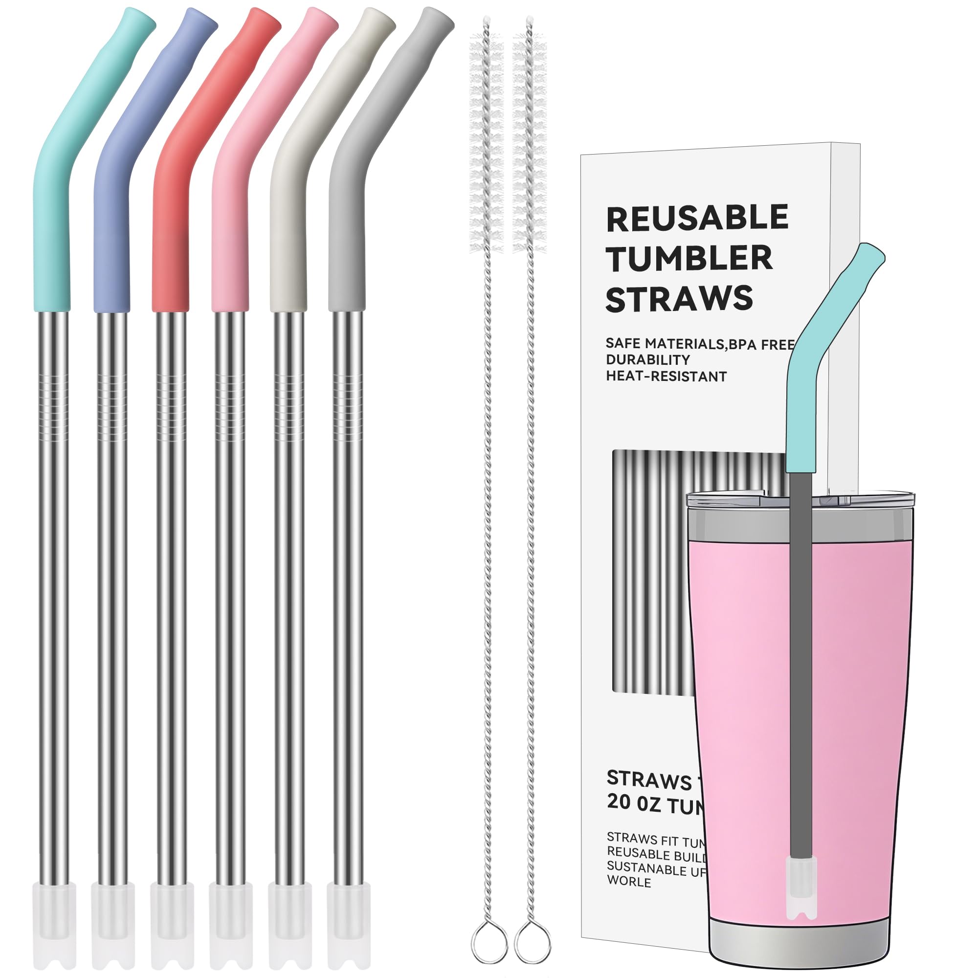 Gerade Metall-Trinkhalme mit Silikonspitze für 590 ml Trinkgläser, 6 Stück, Edelstahl, wiederverwendbar, für Yeti, Stanley, US Acrylio, BJPKPK, einfach, modern und so weiter