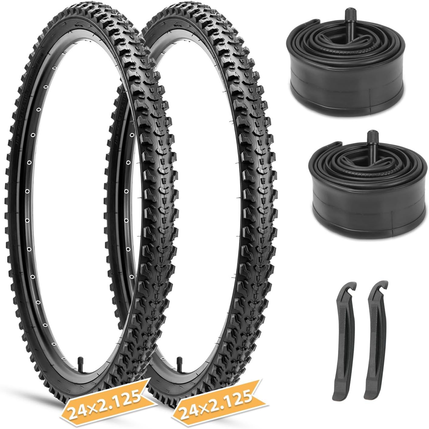 Hycline Mountain Bike Tires Set: 2-Pack 20/24/26x2.125 Inch Folding Replacement High-Density Bicycle Tires and Pair Inner Tubes with Tire Levers Compatible for Street & Off-Road Riding