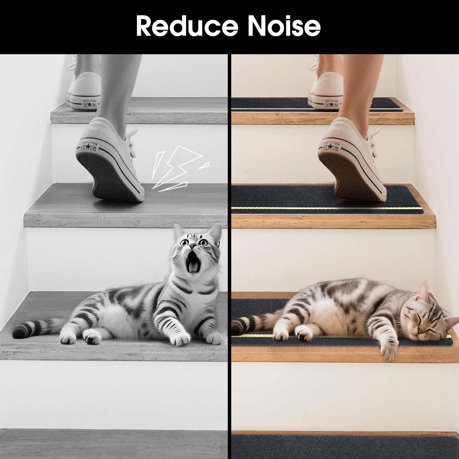 DEKEones 15 Stück Treppenmatten mit Glow in Dark Streifen, 76x20cm Treppenmatten Selbstklebend für Holztreppen, 100% Polyester TPE Rückseite Treppenteppich für Kinder, Ältere und Haustiere（schwarz）