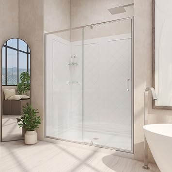 DreamLine Flex 36 in. D x 48 in. W x 76 3/4 in. H Semi-Frameless Shower Door in Brushed Nickel with Center Drain Base, Backwalls, DL-6226C-04