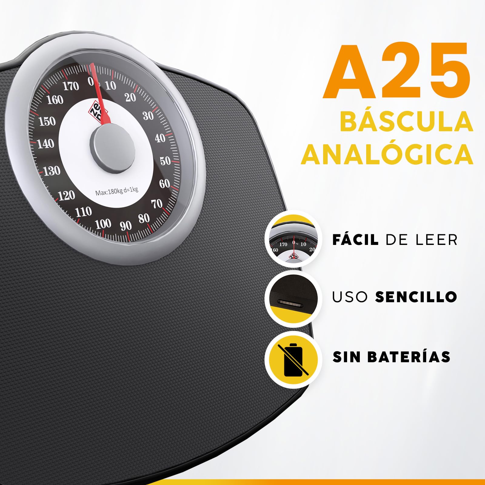 Zeno A25 Báscula Para Peso Corporal - Hasta 180 KG - Esfera de 5,3” en Plataforma de 31x30 CM - Superficie de Goma Antideslizante - Báscula de Baño Analógica - Duradera Con Garantía de 20 Años
