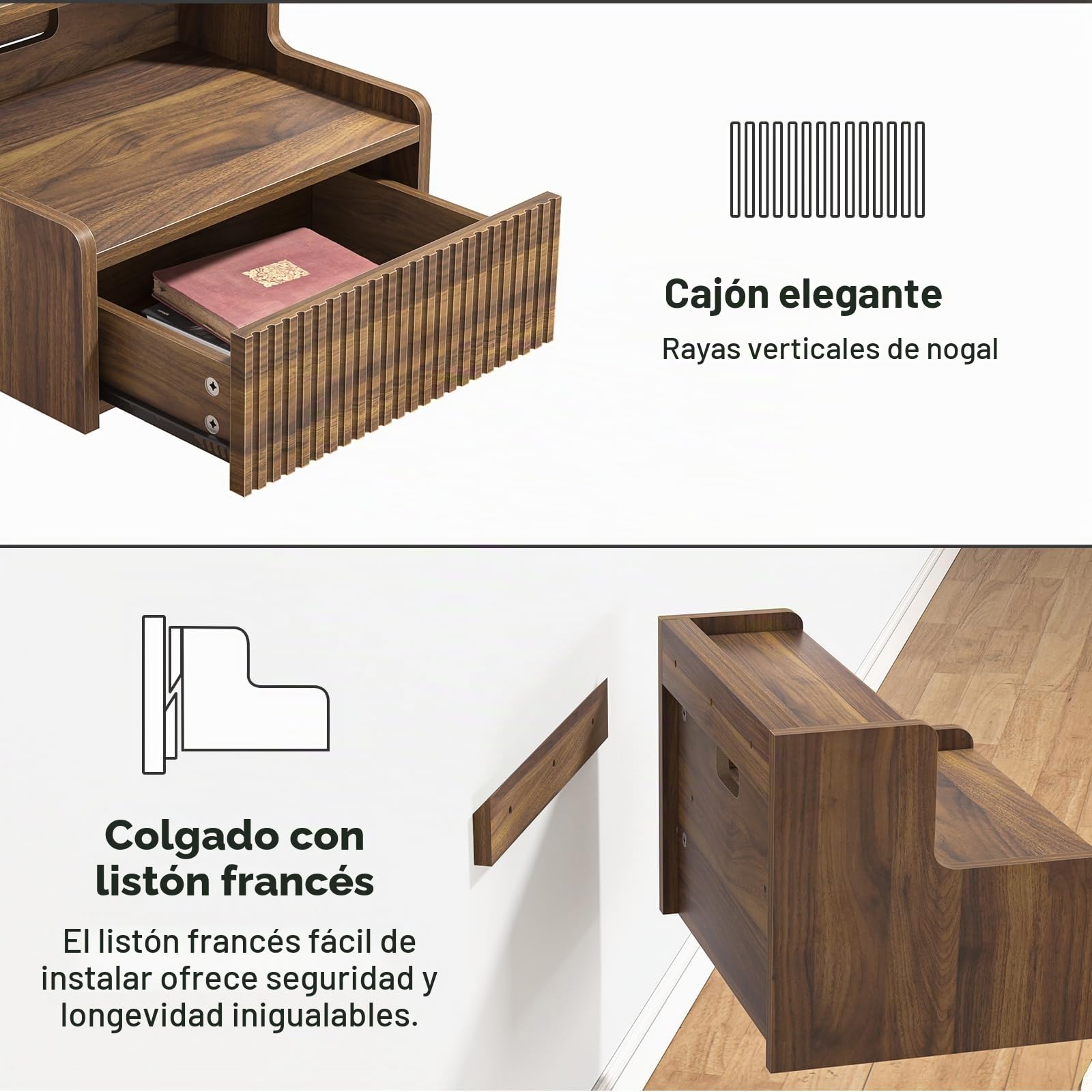 Juego de 2 Mesita de Noche Flotante con Cajón y Compartimento Abierto, Fácil de Montar, Vintage Mesitas de Noche Madera para Dormitorio Salón, 40 x 32 x 30 cm
