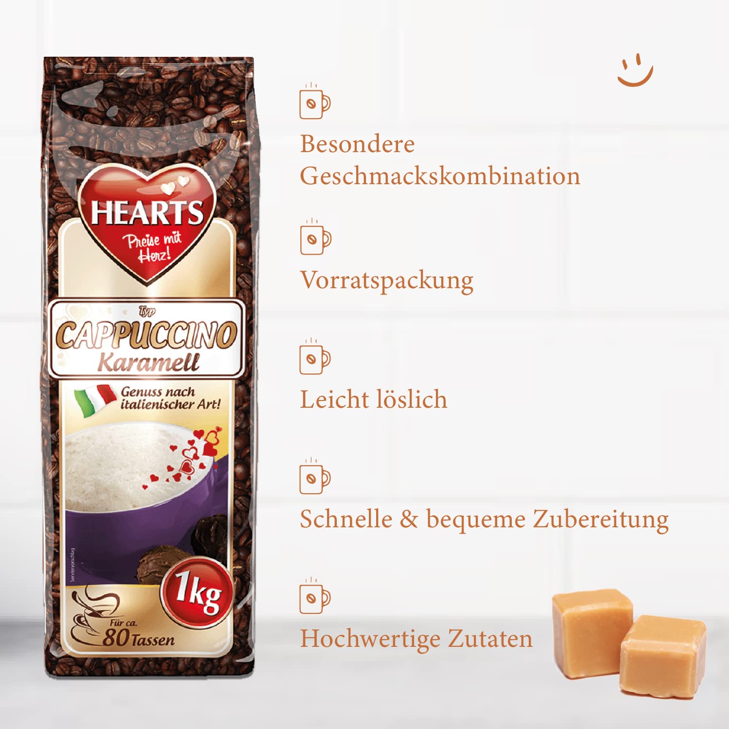 Hearts Cappuccino karmel, 10 x 1 kg, łatwo rozpuszczalny, kawa rozpuszczalna, wystarcza na 800 filiżanek