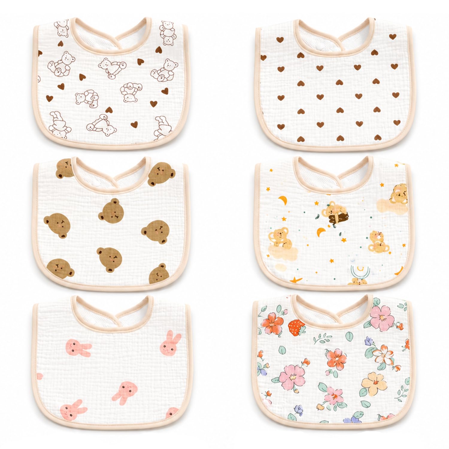 BabyGo Muslin Bib Set of 6 Ultra-Soft & Absorbent Bibs with Adjustable Snap Buttons | Breathable | 6 Layer Waterproof Backing for Drooling | Teething & Feeding | 0–24 Months | MultiColor (Pack of 6)-image-43