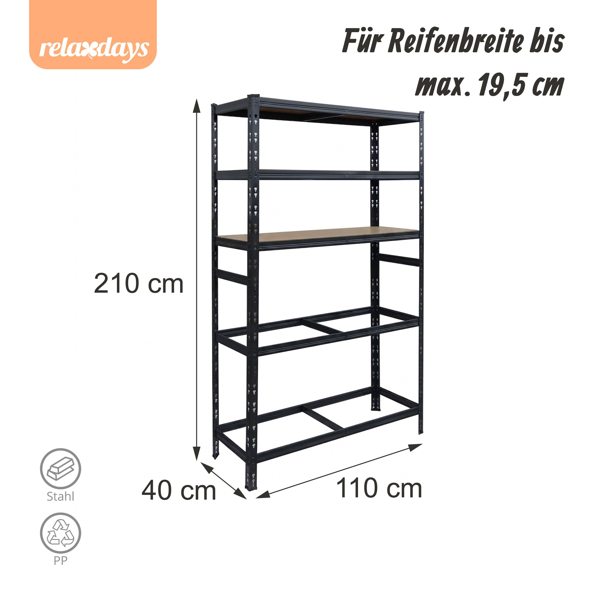 Relaxdays Reifenregal für 8 Reifen, HxBxT 210 x 110 x 40 cm, 750 kg, Stahl, Stecksystem, Reifenlager Werkstatt, schwarz