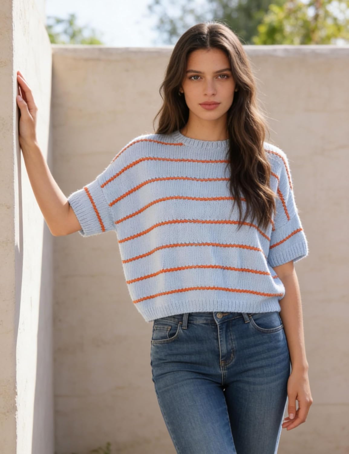 QIBABU Womens Short Sleeve Striped Sweater Top Casual Crewneck Lightweight Shirt Spring Summer Cropped Knit Tops