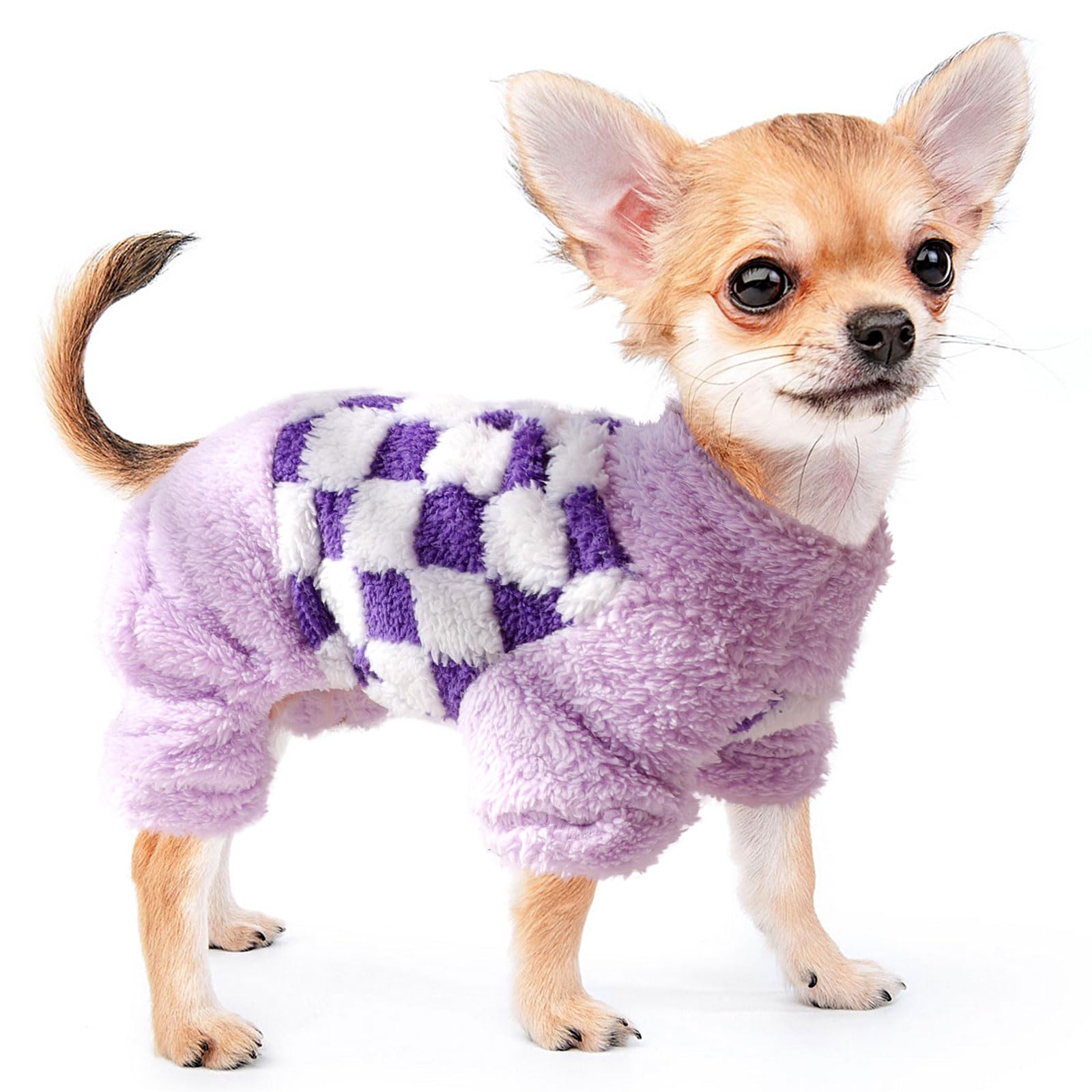 Sebaoyu Turtleneck Dog Pajamas for Small Dogs, Fleece Sweater, Winter Cute Tiny Clothes Outfit Puppy Pet Jumpsuits Chihuahua Yorkie Cat Clothing(Plaid Purple,Small)
