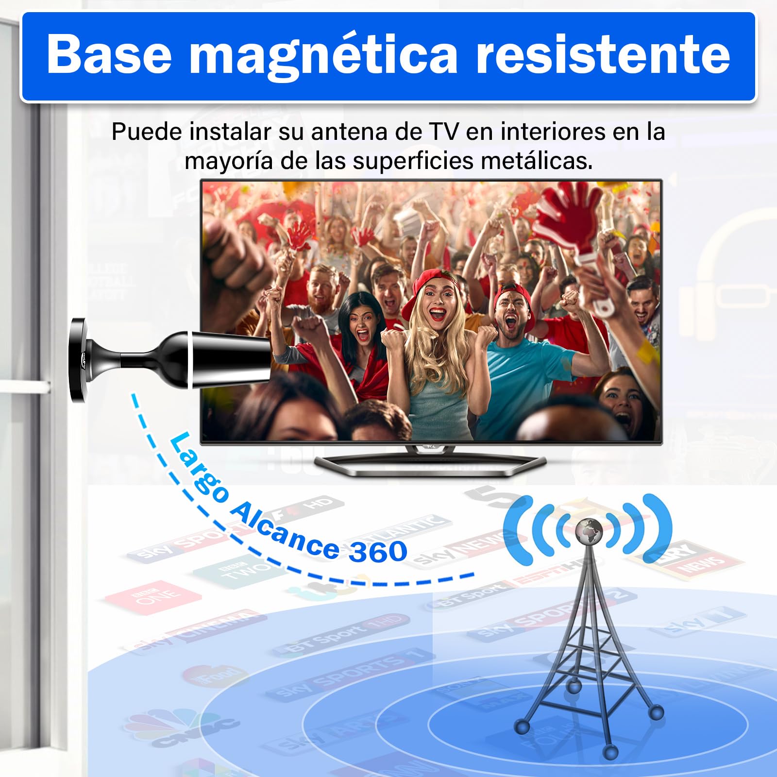 Antena TV Interior Potente, Recepción 80KM Larga Distancia, Antena TV Exterior Portátil con Base Magnética/Amplificador, Soporte 4K 1080P, DVB-T2 VHF UHF VHF- Todos los Televisores