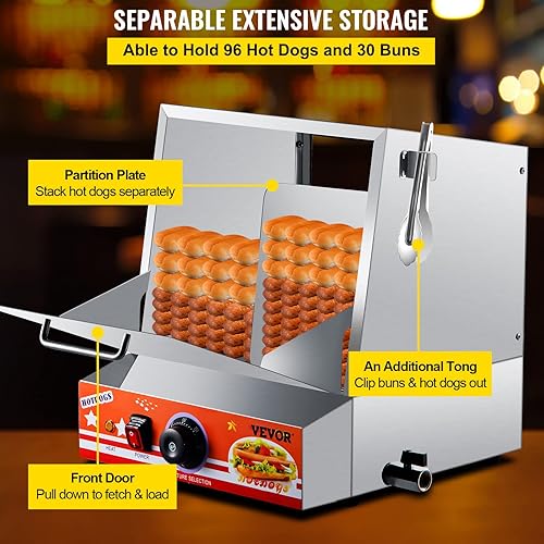 Miniatura 2 de VEVOR Vaporizador eléctrico para perros calientes con calentador de bollo, 36L32.69 cuartos de galón, calentador de bollos de acero inoxidable con