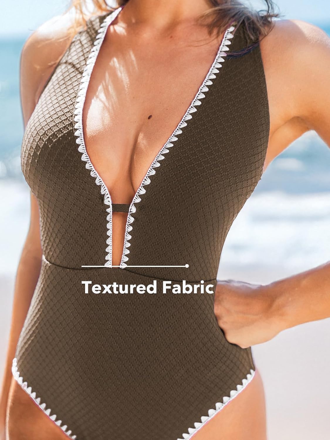 CUPSHE Women's One Piece Swimsuit Tummy Control V Neck Cutout Bathing Suit Crisscross Back Textured Cheeky Bottom - Image 4