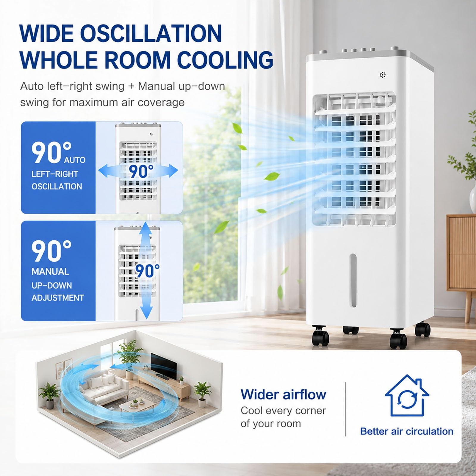 Climatizador Evaporativo 9L, Aire Acondicionado Portátil sin Tubo con Perillas Mecánicas, 90° Oscilación, 4 Acumuladores de Hielo para Hogar