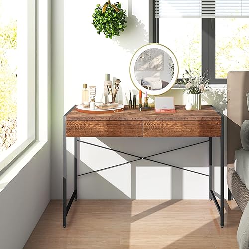 Miniatura 20 de Tangkula Escritorio industrial para computadora con 2 cajones, escritorio de estudio simple con cajones, estación de trabajo para computadora Marrón