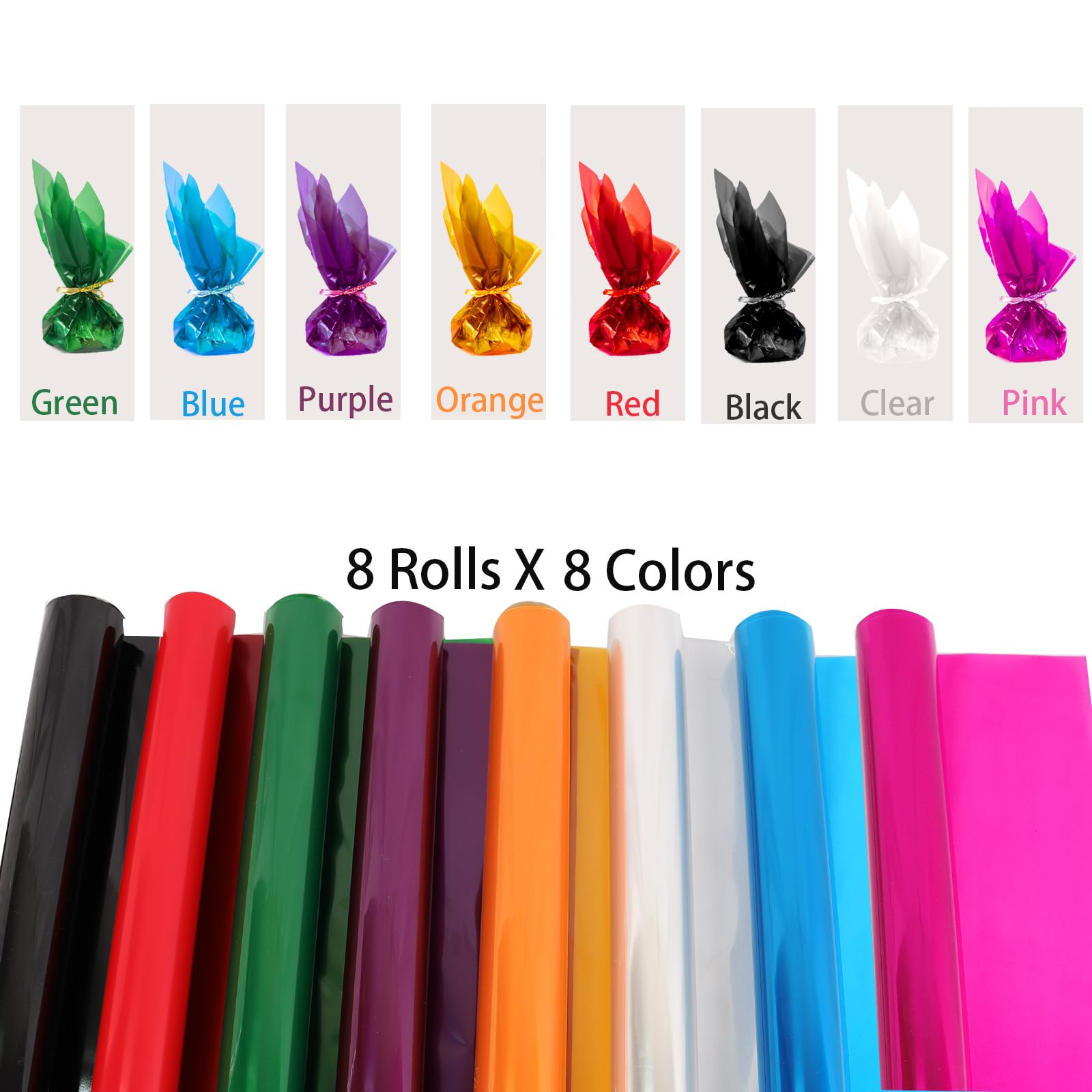 CMFYHM 8 Rollen farbige Zellophanfolie (86,4 cm x 5 m x 8 Farben), extra breite Zellophanrolle, transparente Farbe, Zellophan, Geschenkverpackung für Geschenkkörbe, Blumen, Bastelarbeiten, Babypartys