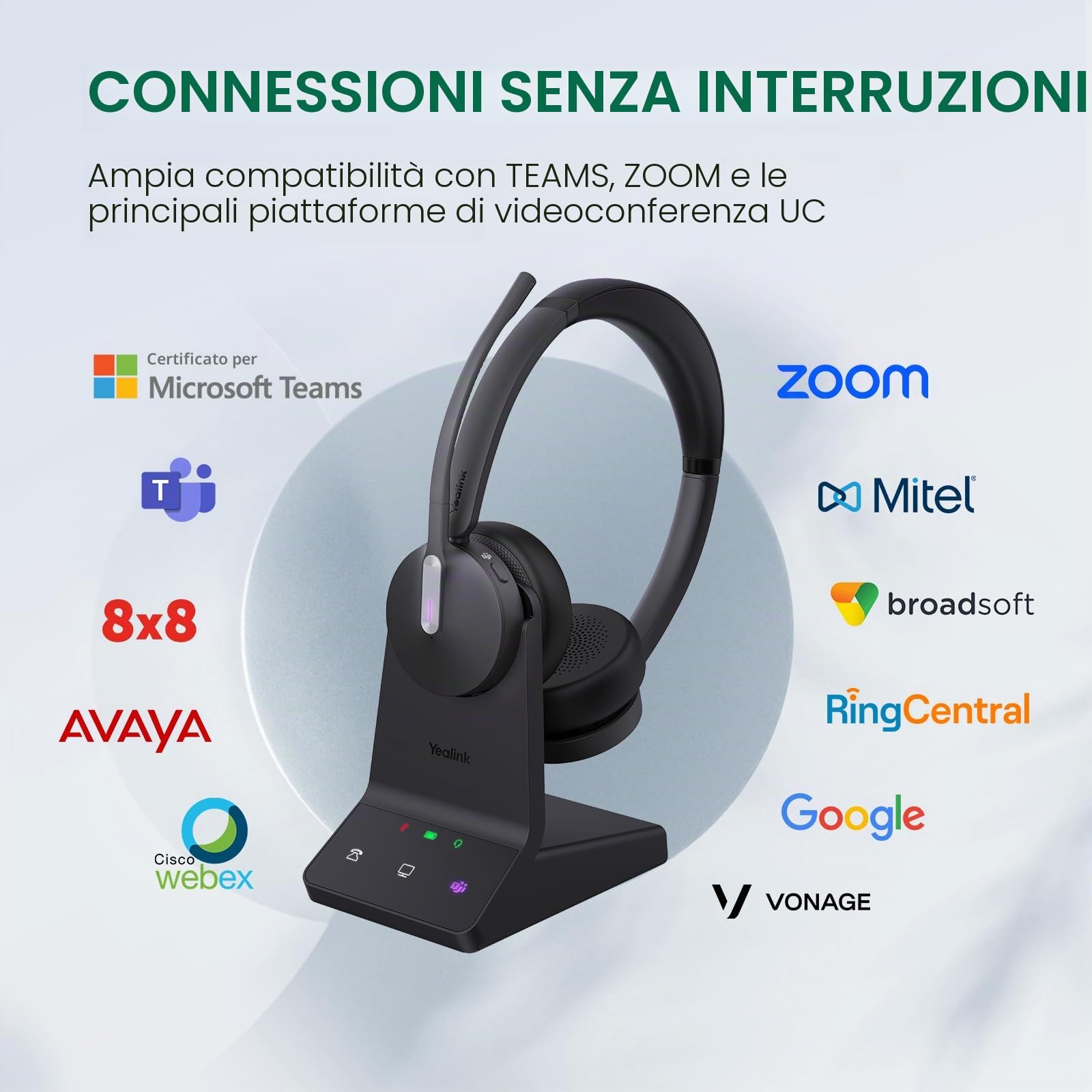 Yealink Cuffie wireless DECT & Bluetooth WH64 Mono, portata 185 m, 3 microfoni, cancellazione del rumore, batteria 26H, per telefono da ufficio, VoIP, rete fissa, PC, laptop, squadre, zoom