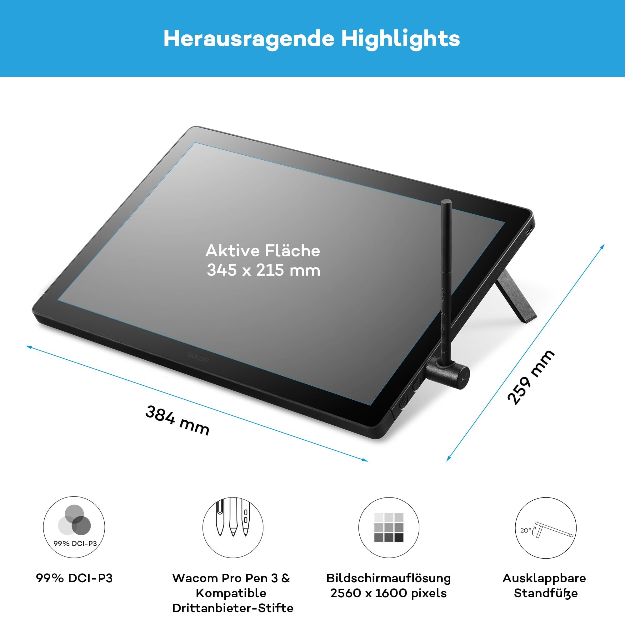 Wacom Cintiq 16 (2025 Edition) – Kompaktes 2.5K Kreativ-Stiftdisplay mit Wacom Pro Pen 3, entspiegeltem Glas, klappbarem Ständer und USB-C