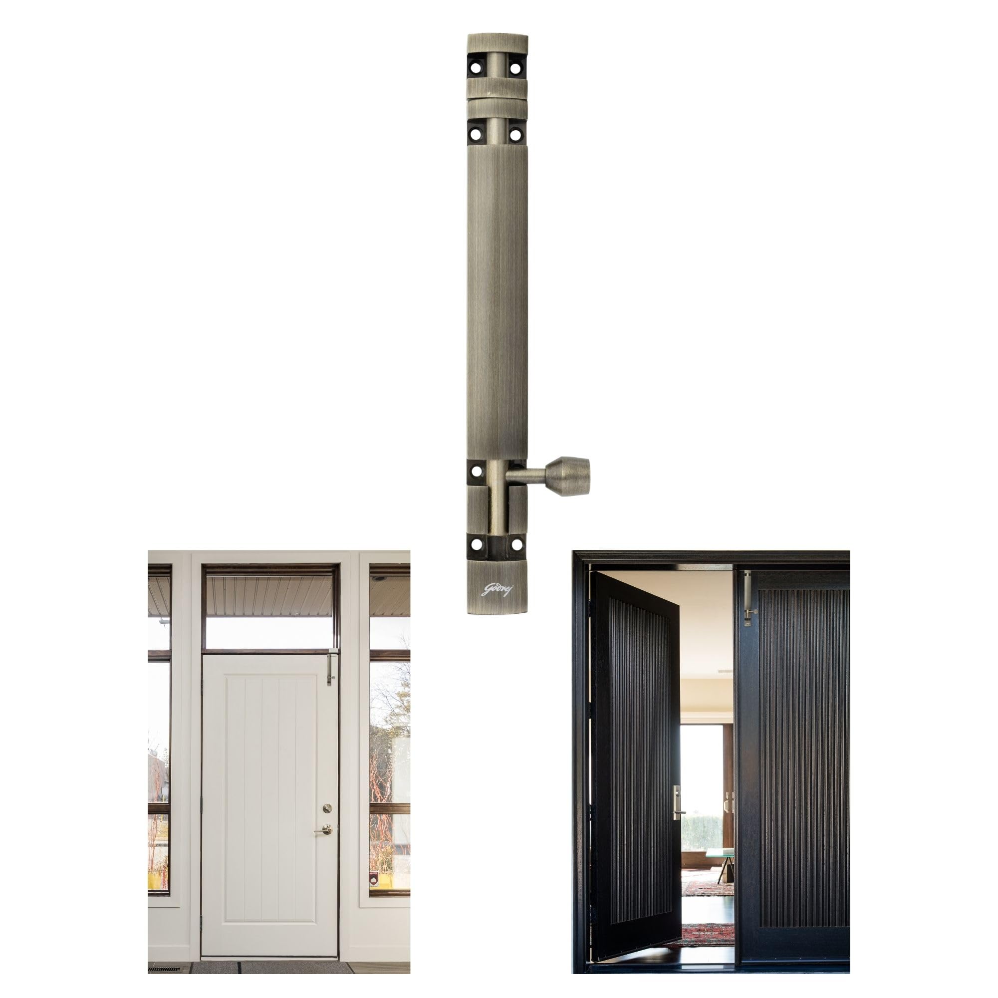 Godrej Door Fittings | Towerbolt Antique Brass Finish | 8 inch with SS Rod | Designer Kundi with Big Knob for Better Grip, Chitkani for Bathroom, Cabinet, Wooden Door (Pack of 2) | 1 Year Warranty