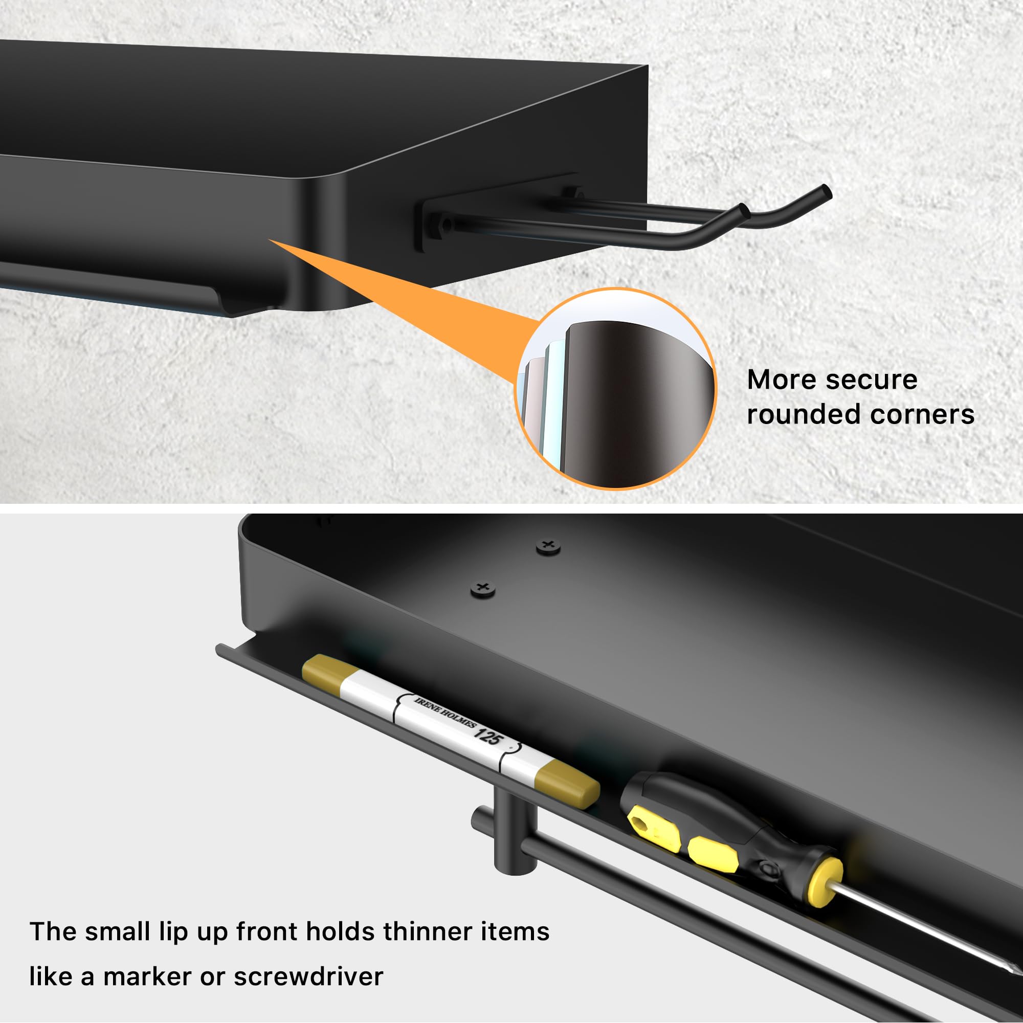 SUNTECH Garage Paper Towel Holder with Shelf, One Hand Tear, 12 inch Shop Paper Towel Holder, Paper Towel Holder Wall Mount with 2 Detachable Hooks for Garage and Tool Room (Black)