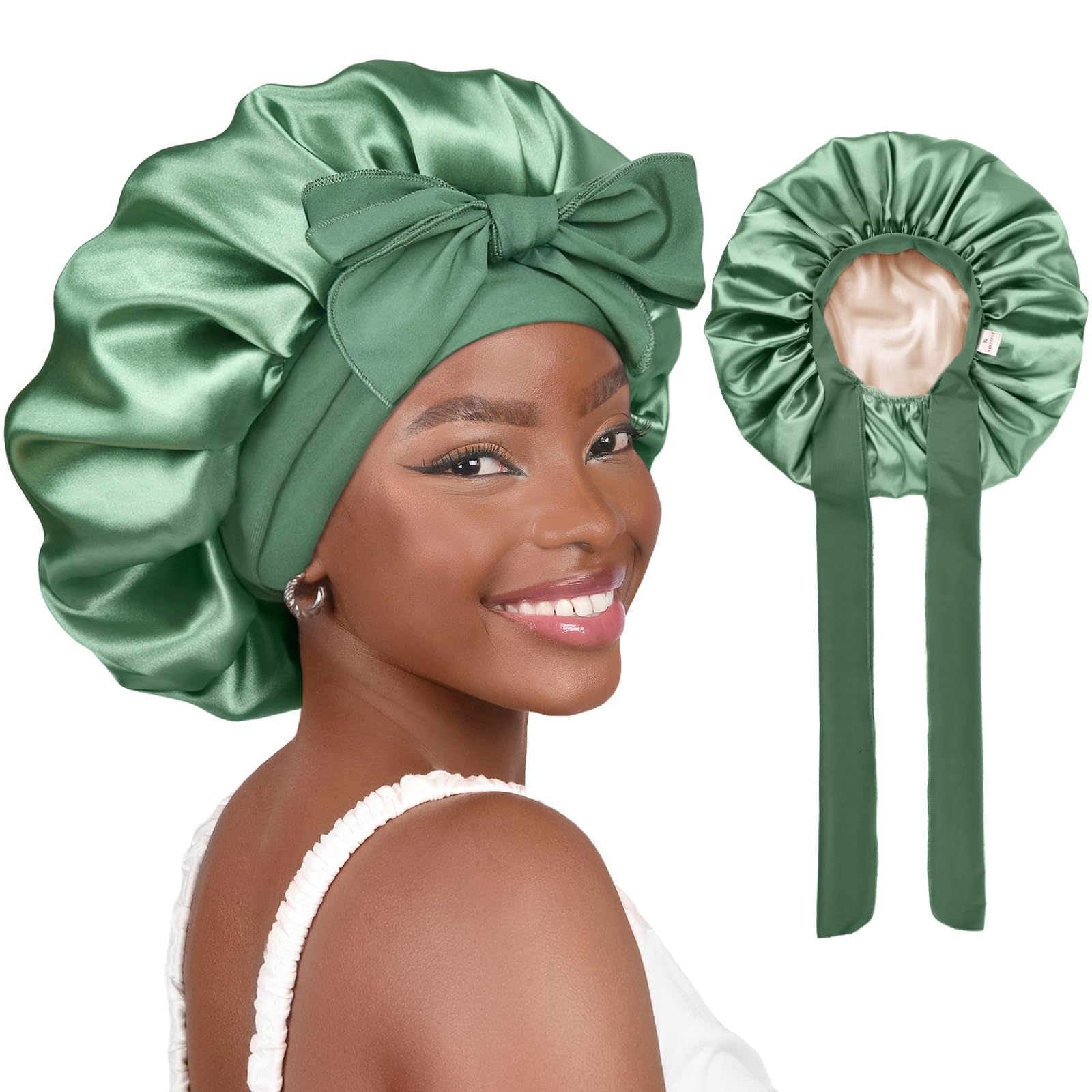 YANIBEST Large Jumbo Satin Hair Bonnets for Sleeping Double Layer Satin Lined Shower Cap for Women Men Cap for Curly Natural Hair,Green