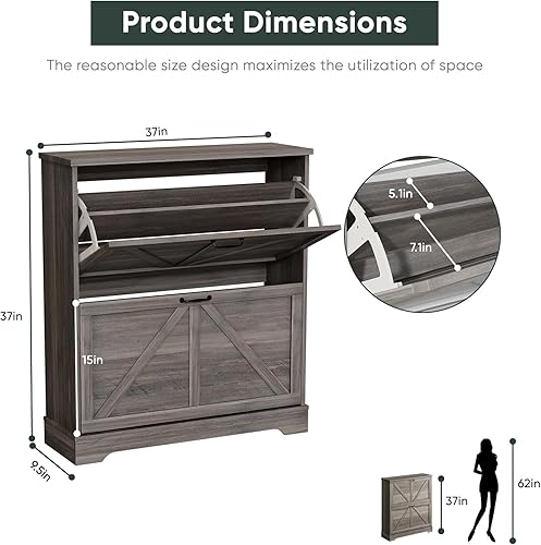 Miniatura 2 de Armario de almacenamiento de zapatos con 2 cajones abatibles, armario estrecho para zapatos de granja para entrada, armario delgado para zapatos con