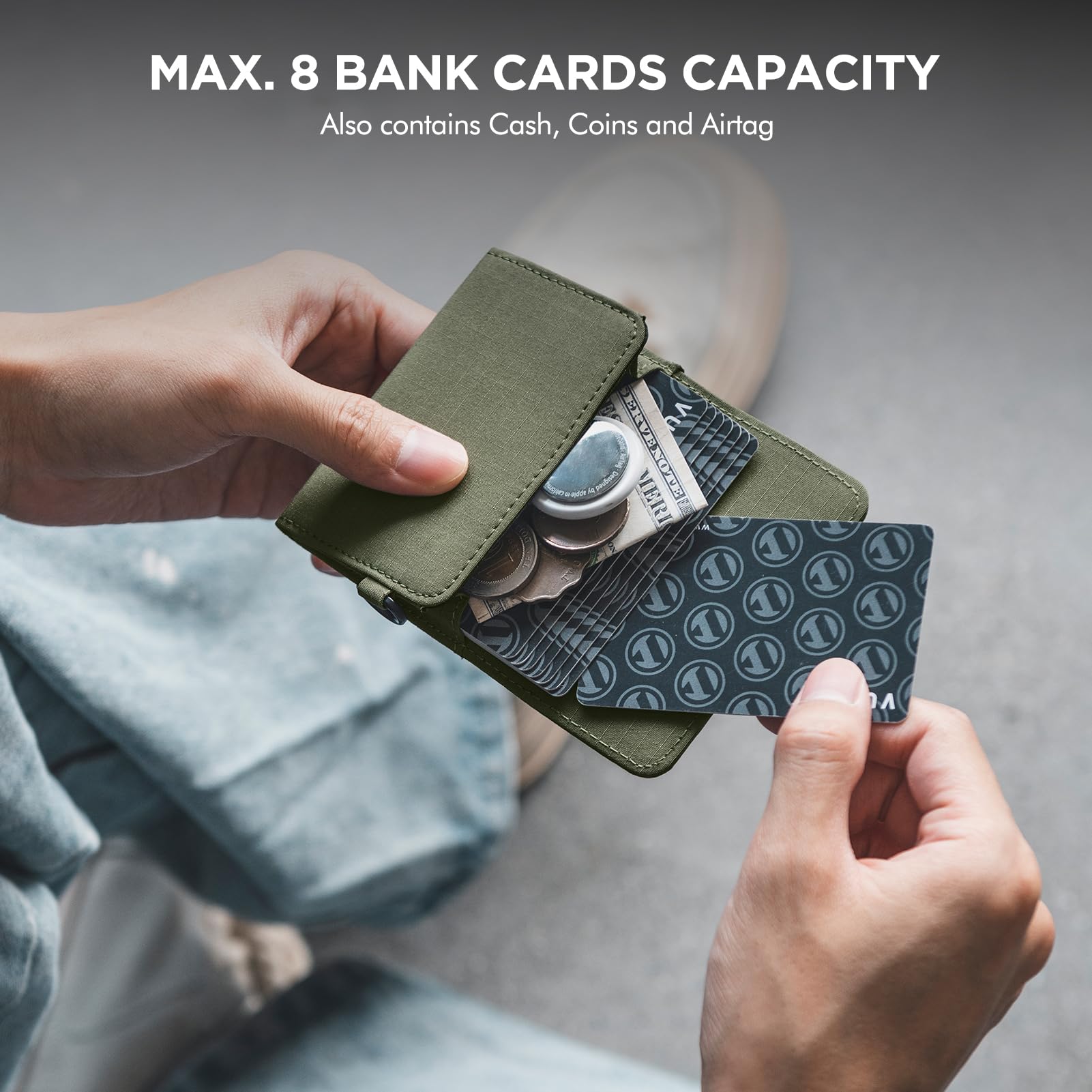VULKIT Magnetic Card Case for Max. 8 Bank Cards, Phone Card Wallet Compatible with iPhone 12-15 Generations, Green Fabric