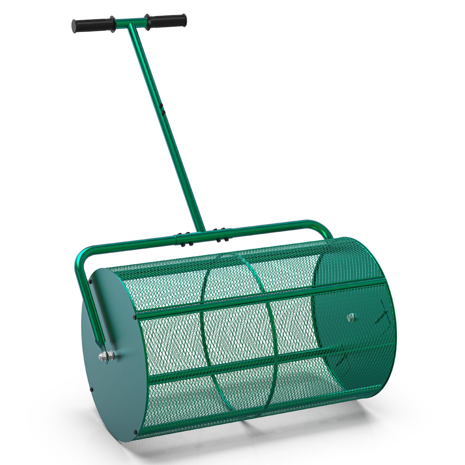 Compost Spreader Roller, 24'' Peat Moss Spreader, Drop Fertilizer Grass Seed Spreader with Upgrade T Handle Strengthened Structure, Lightweight Metal Mesh Spreader Lawn & Garden Tool, Green