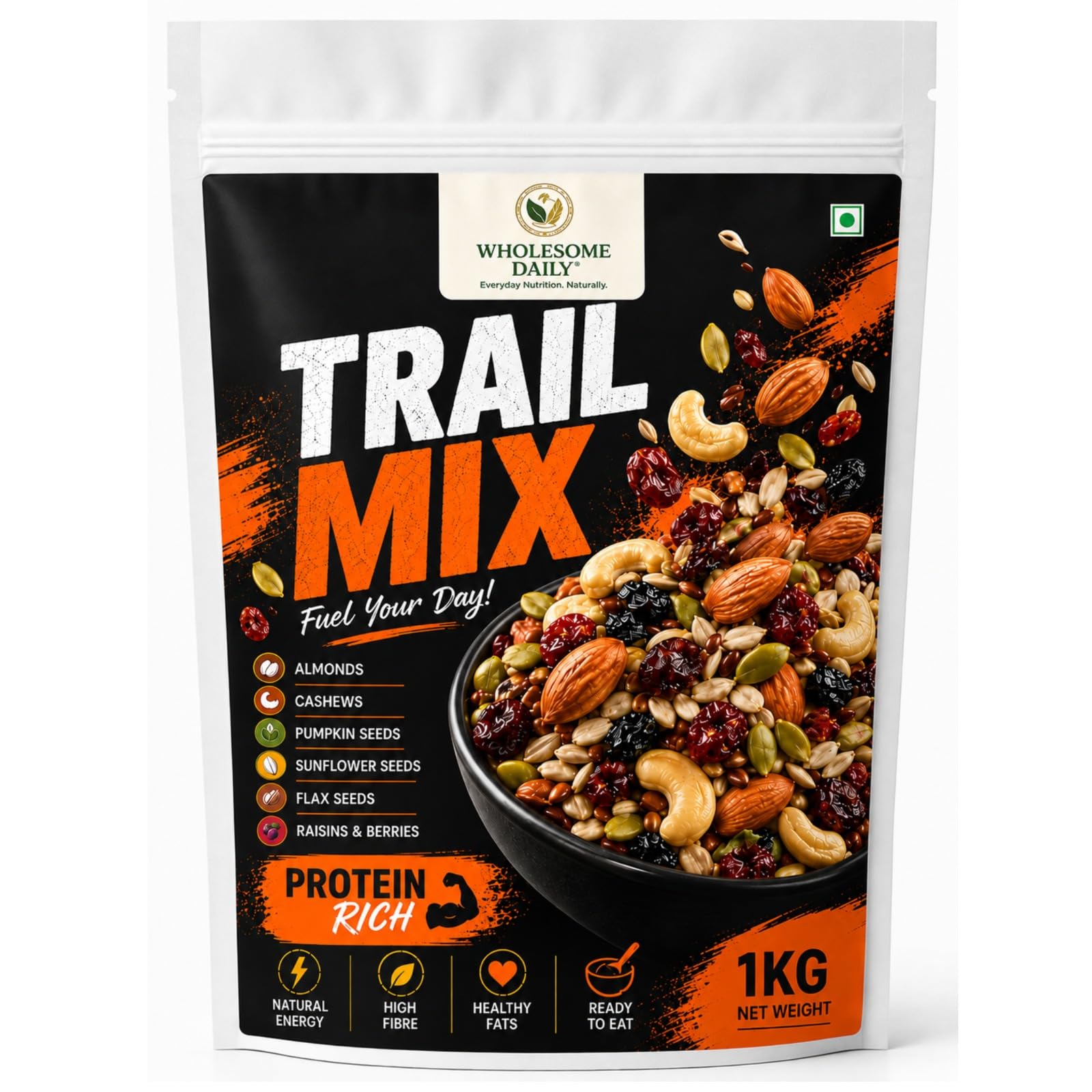 WHOLESOME DAILY Trail Mix Royal 1kg | Premium 8 Superfood Nuts & Seeds Mix | Almonds, Cashews, Raisins, Black Currants, Cranberries, Pumpkin, Sunflower & Flax Seeds | Healthy Protein & Fiber Snack-image-3