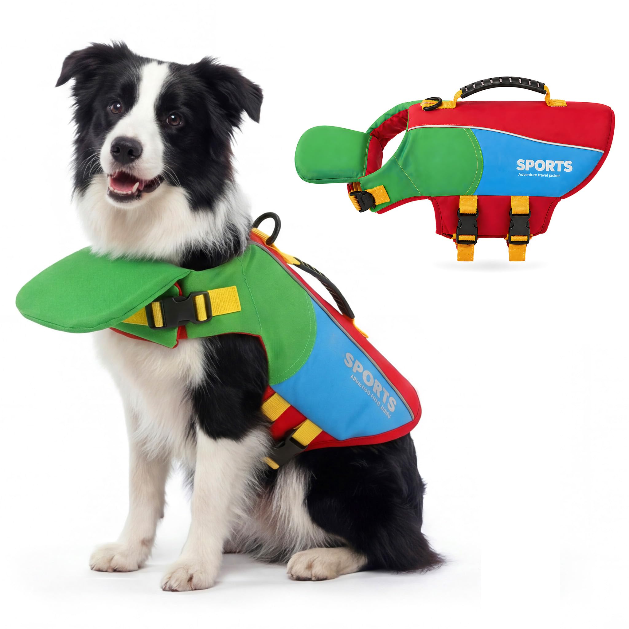 PAIDEFUL Front Float Dog Life Jacket with Chin Support, Color-Block Swim Vest with Rescue Handle D-Ring for Boating and Pool, Reflective Pet Safety Gear for for Small Medium Large Breeds,Red,XXL