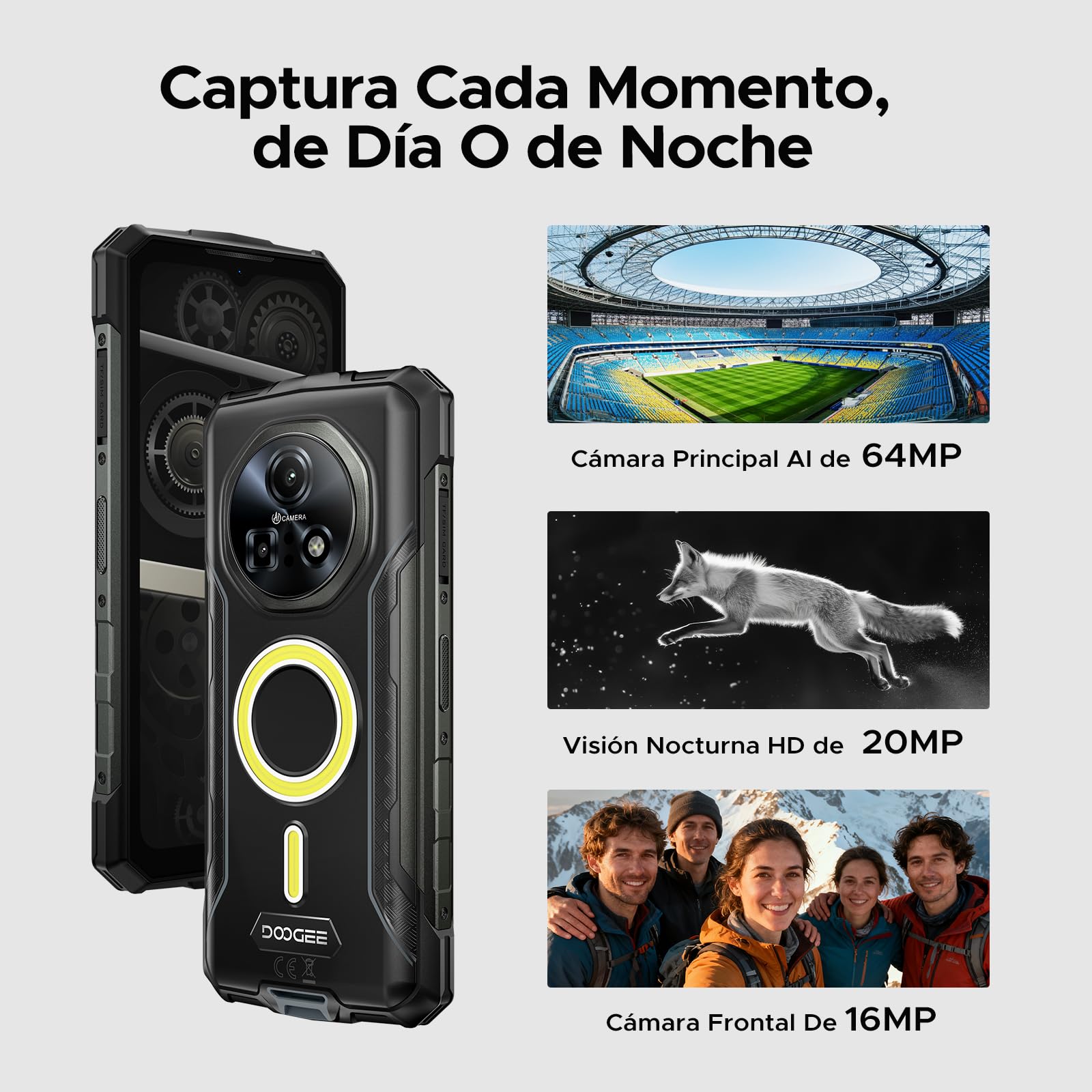 FIRE7PRO Móvil Rugerizado 6,6" IPS/90Hz 13000mAh/33W, 32GB+256GB/2TB Android 15 Movil Indestructible, Cámara 64MP+20MP+16MP/Lámpara de 1200LM/NFC/OTG/Face ID/GPS/Movil Irrompible